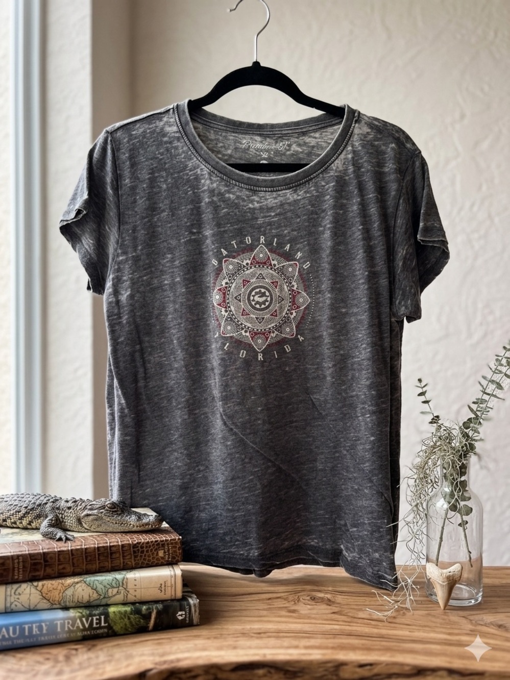 Washed Black Short-Sleeve Graphic Tee with Mandala Crest